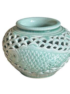 Signed Korean Vase Celadon Crackle Glaze 5.5" D x 4" T Reticulated Double Wall